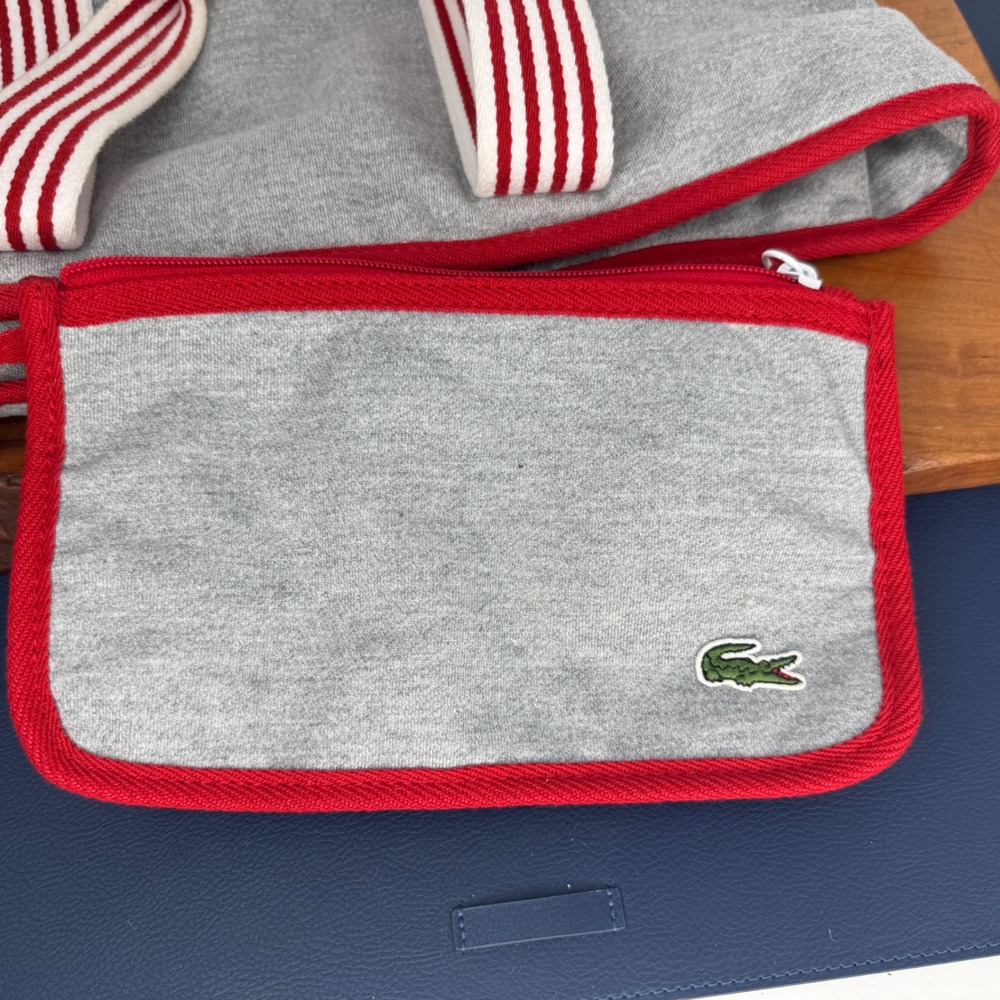 Y2K Lacoste Tote Bag Gray Sweatshirt Red Striped Velvet Crocodile Logo - Picture 8 of 13